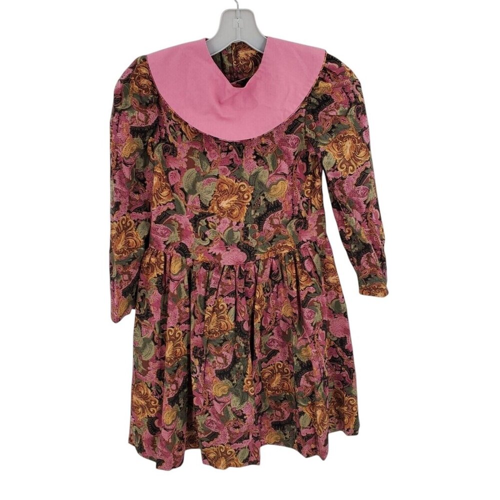 Vintage Dress Girls 7 Floral Bib Collar Prairie Cottagecore Puff Long Sleeve